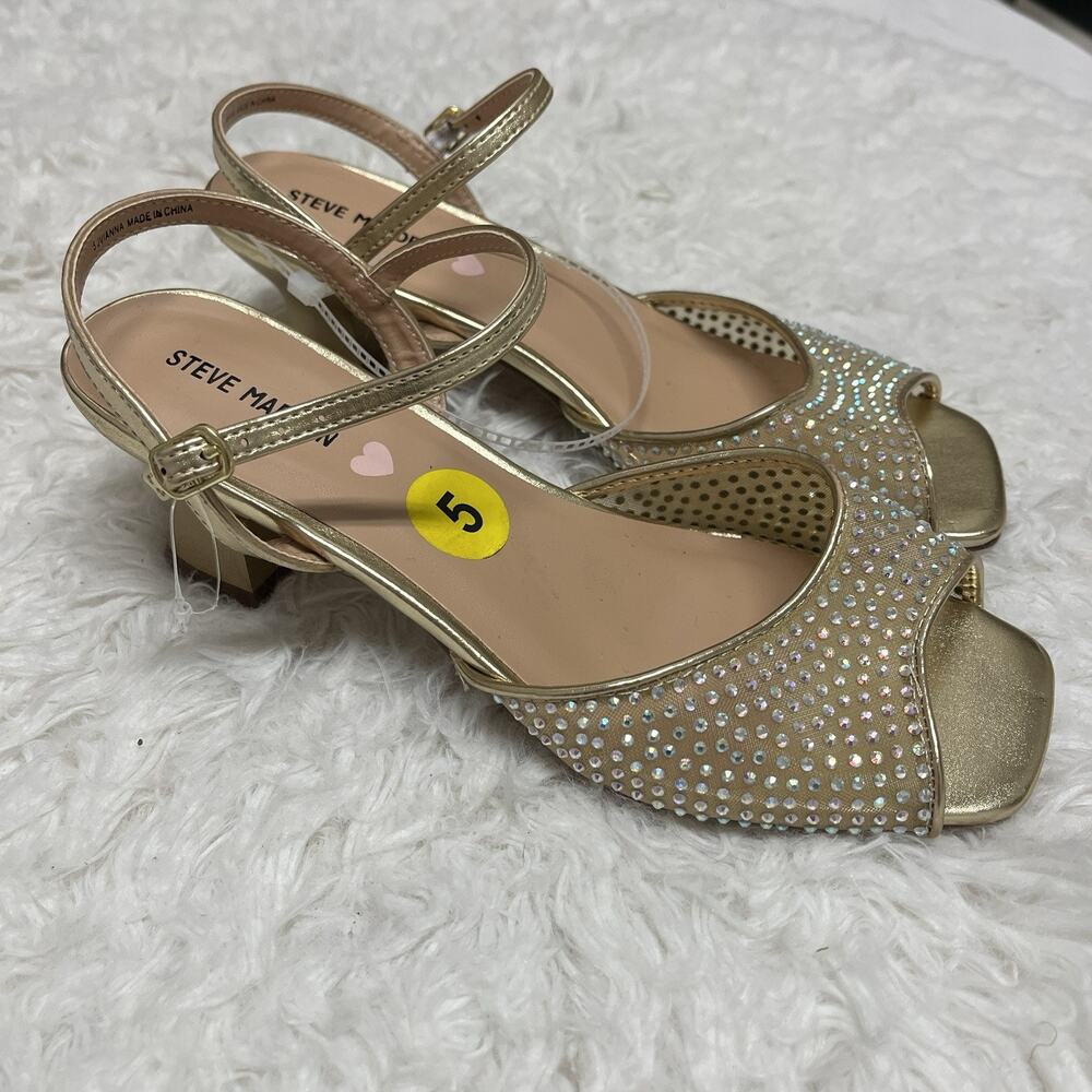 Steve Madden Gold Tone Sandals size 5 embellished rhinestones cuban heel